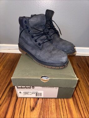 Timberland Boy's Charcoal Gray Leather Work Boots with Brown Lug Sole